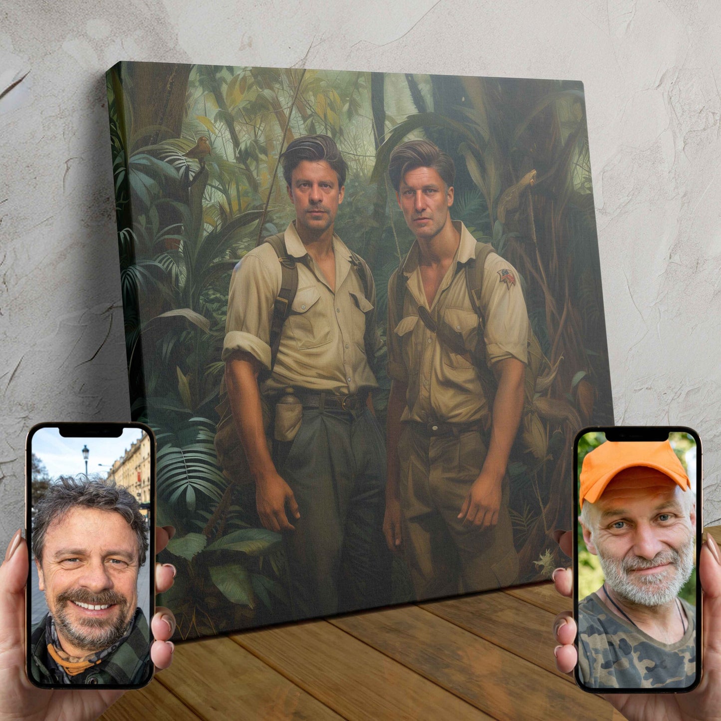 Two people depicted as adventurous explorers in a lush forest setting, created using AI technology.