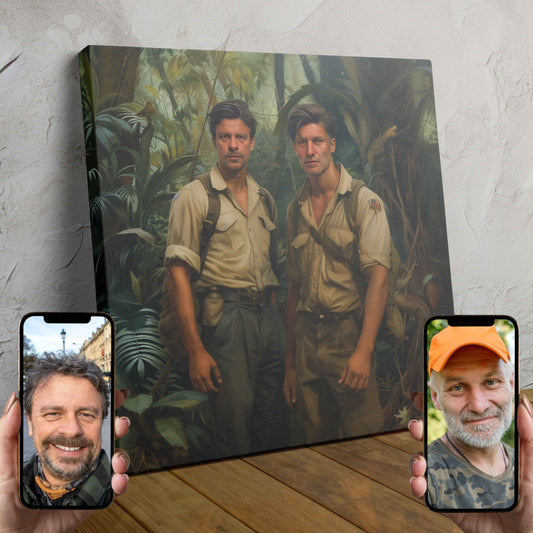 Two people depicted as adventurous explorers in a lush forest setting, created using AI technology.