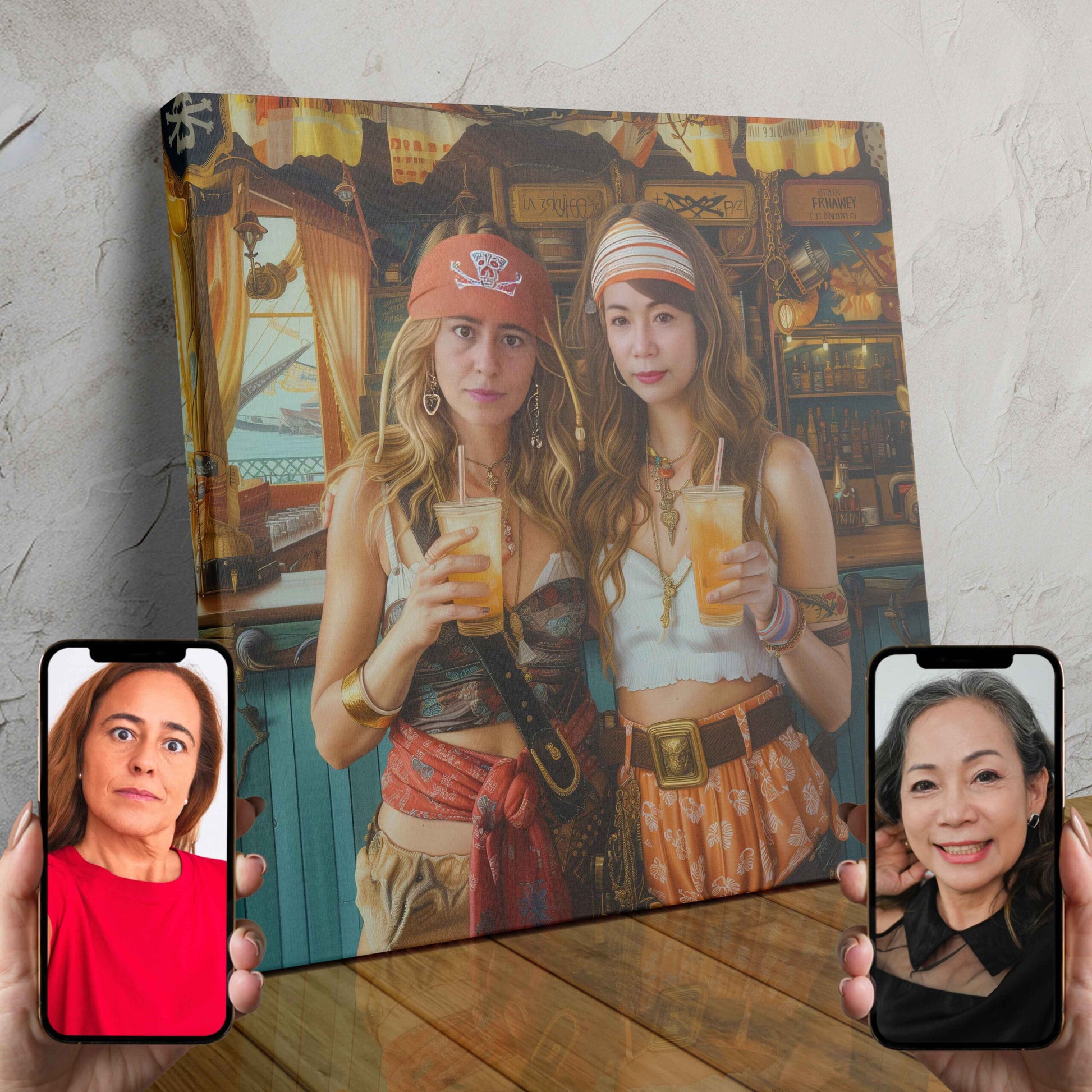 Two people transformed into pirate characters in a custom, AI-created portrait titled "Frost & Flame"