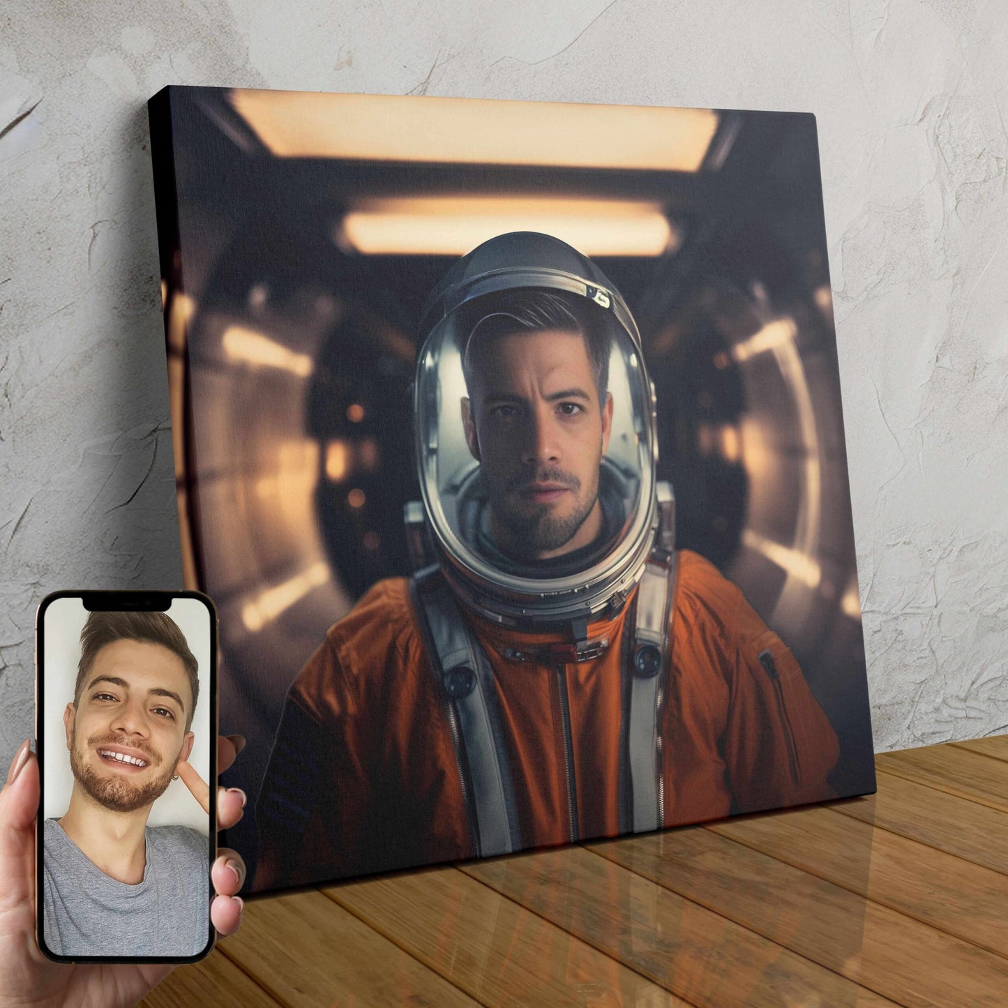 A custom portrait of a person dressed as an astronaut, surrounded by stars and galaxies in the background.