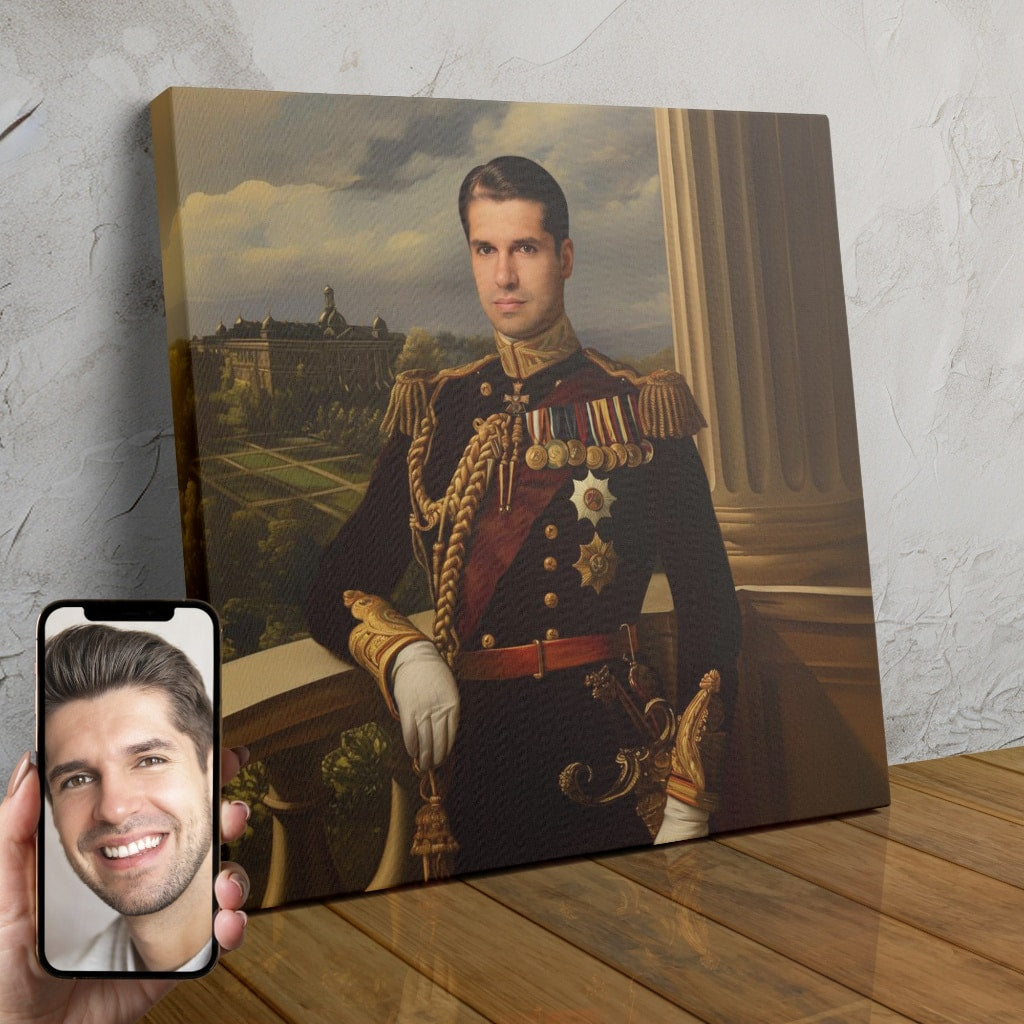 A custom portrait of a man in a regal military dress uniform, created using AI technology by Magic Portraits.