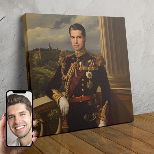 A custom portrait of a man in a regal military dress uniform, created using AI technology by Magic Portraits.