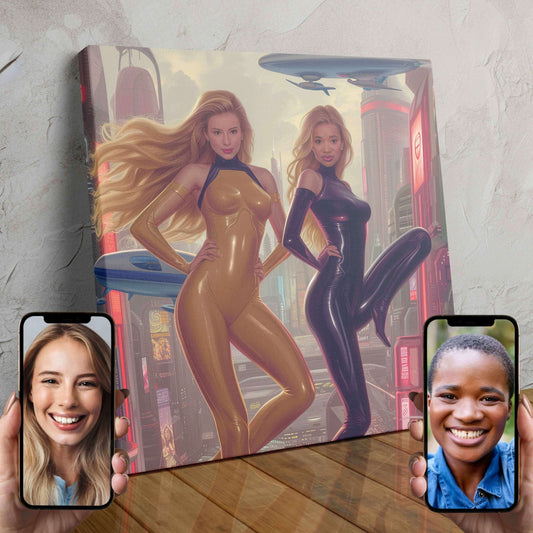 Two people wearing futuristic, metallic superhero costumes standing in a cityscape background.