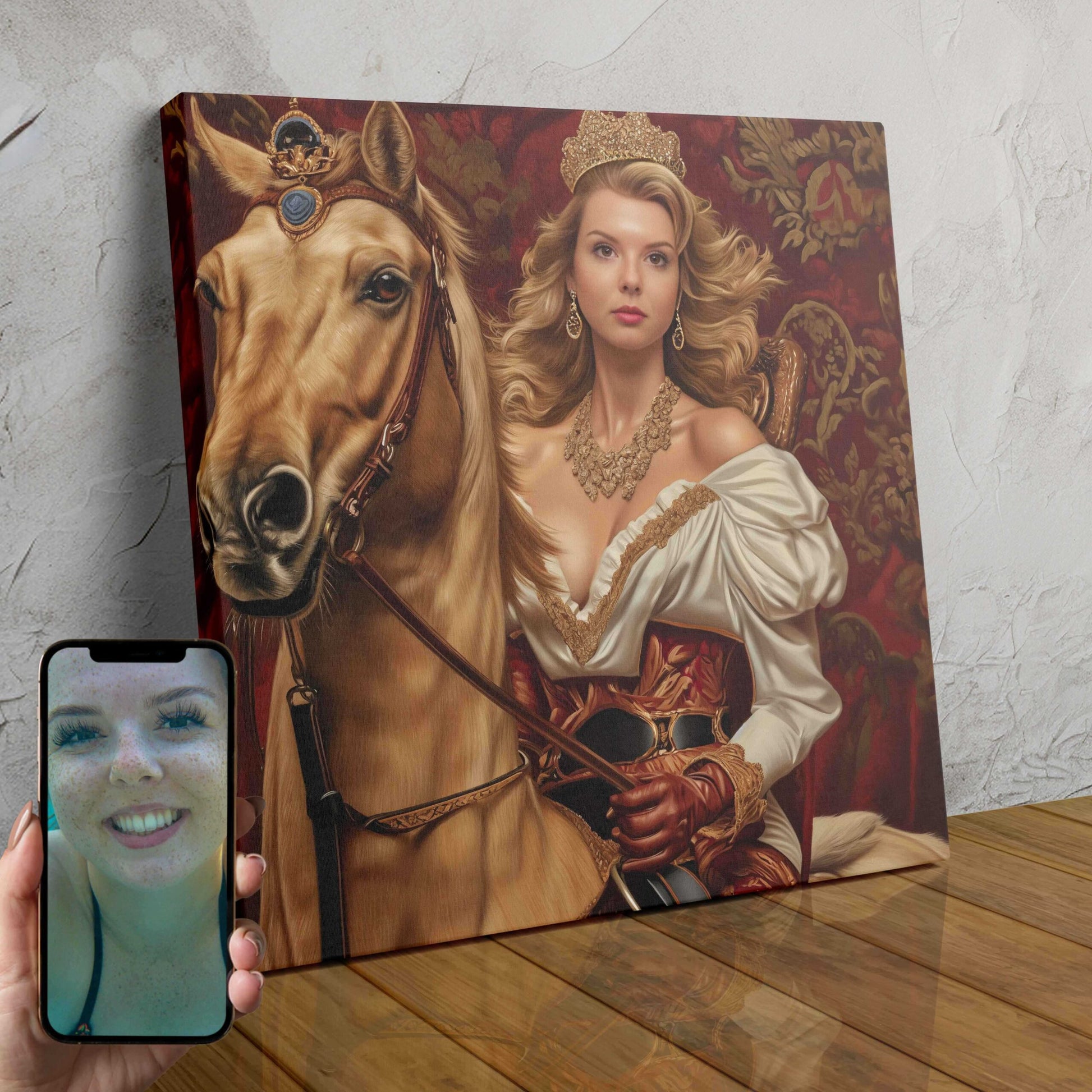 A custom portrait of a woman wearing a flowing ivory gown and a shimmering golden crown, created using AI technology.