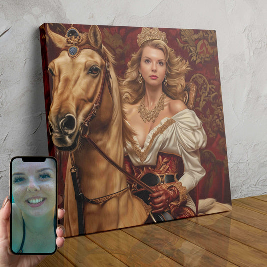 A custom portrait of a woman wearing a flowing ivory gown and a shimmering golden crown, created using AI technology.