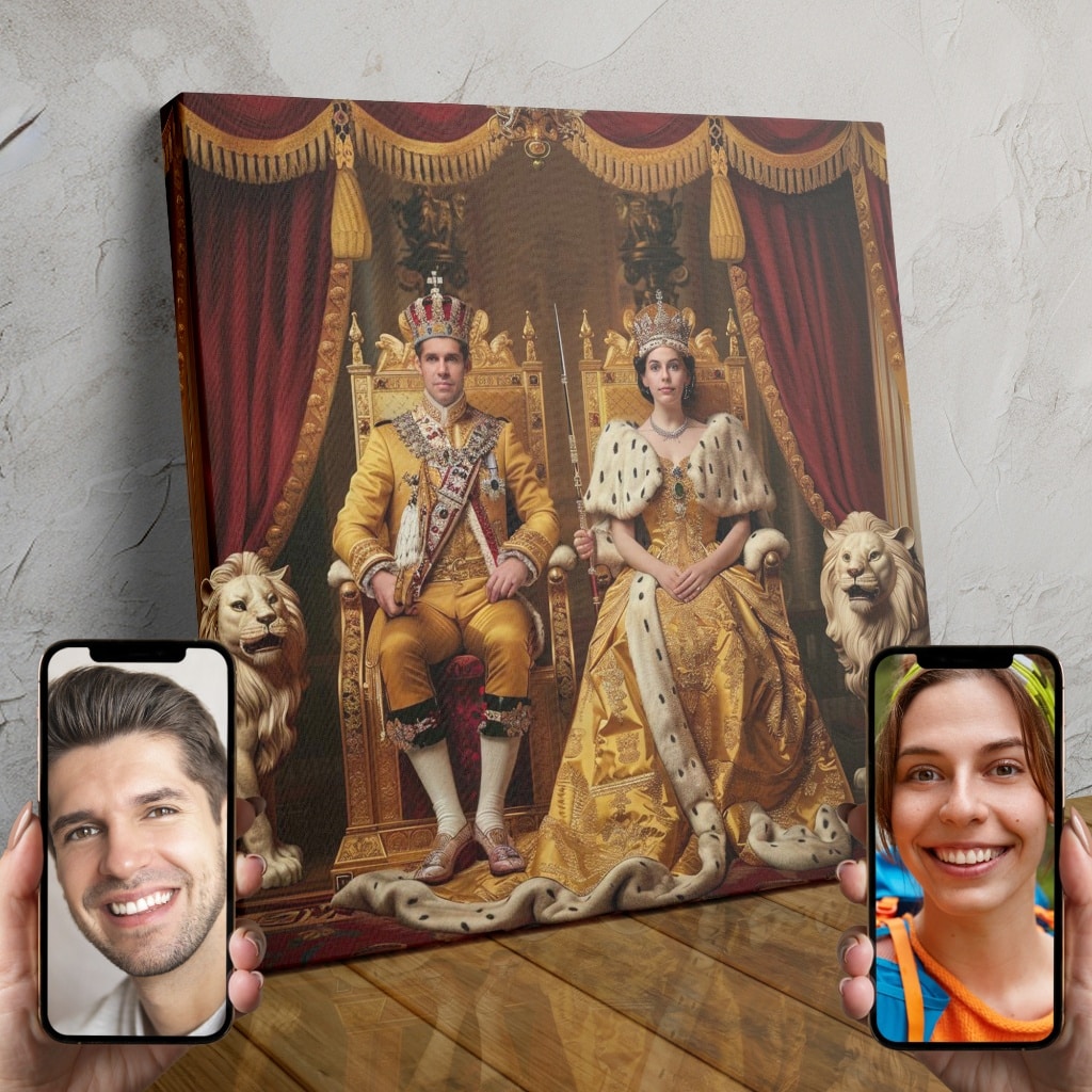Couple dressed in golden royal attire, crowned with jewels, posing as a baron and baroness in a custom AI-created portrait.