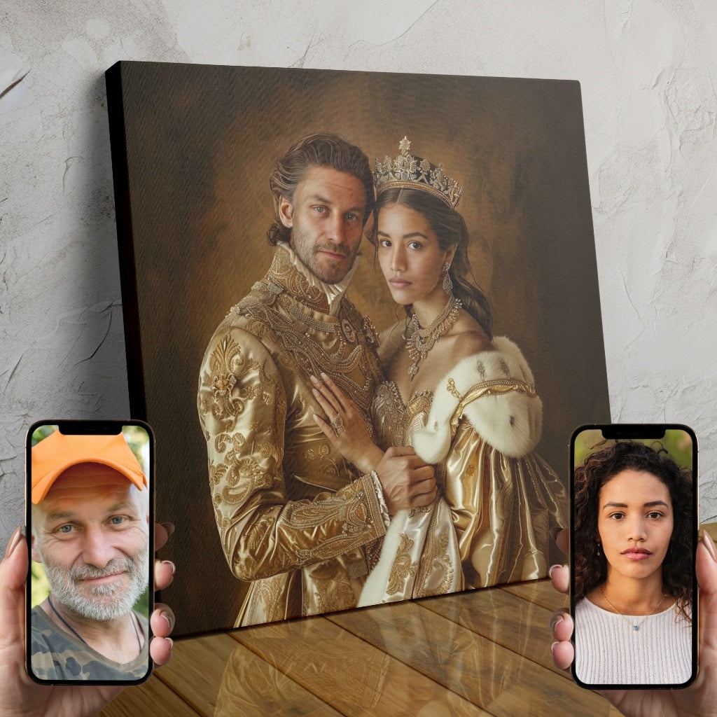 A custom portrait of a regal-looking couple dressed in luxurious renaissance-style attire, with intricate gold accents and a romantic, timeless aesthetic.