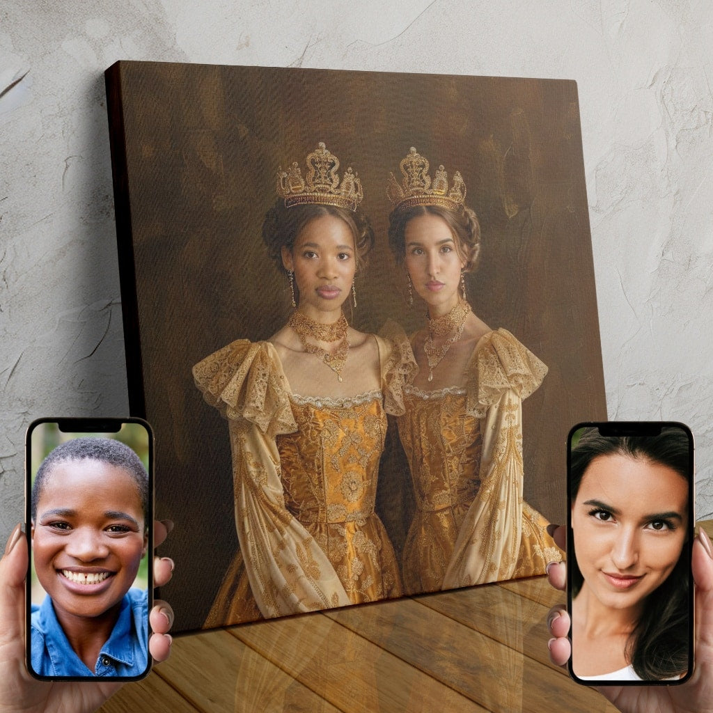 A personalized digital painting of a royal couple in regal attire, adorned with a golden crown.