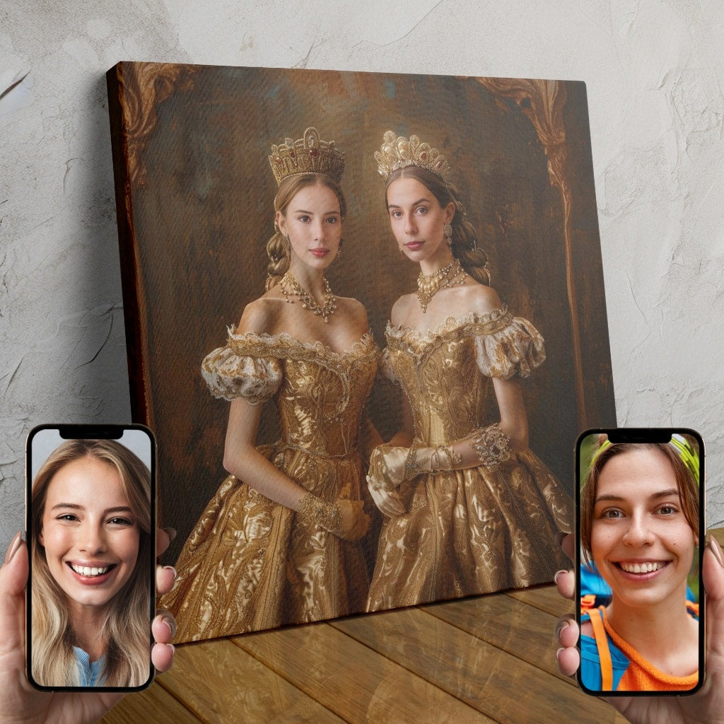 Two women dressed in ornate golden gowns and crowns, posing as a royal duchess duo in a custom AI-generated portrait.
