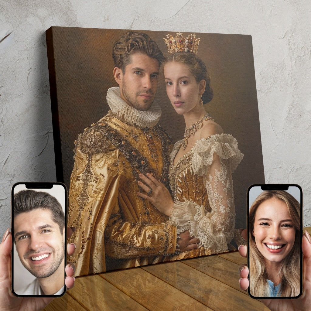 A digitally-rendered portrait of a royal couple dressed in ornate Renaissance-style attire, standing together in a regal pose.