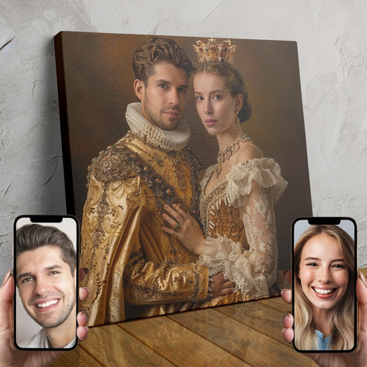 A digitally-rendered portrait of a royal couple dressed in ornate Renaissance-style attire, standing together in a regal pose.