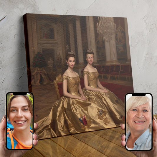 Two people dressed in ornate golden gowns and crowns, posing in a luxurious palace setting.