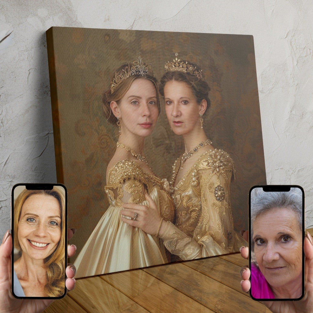 Two elegant figures in regal attire stand side-by-side in a custom royal duo portrait.