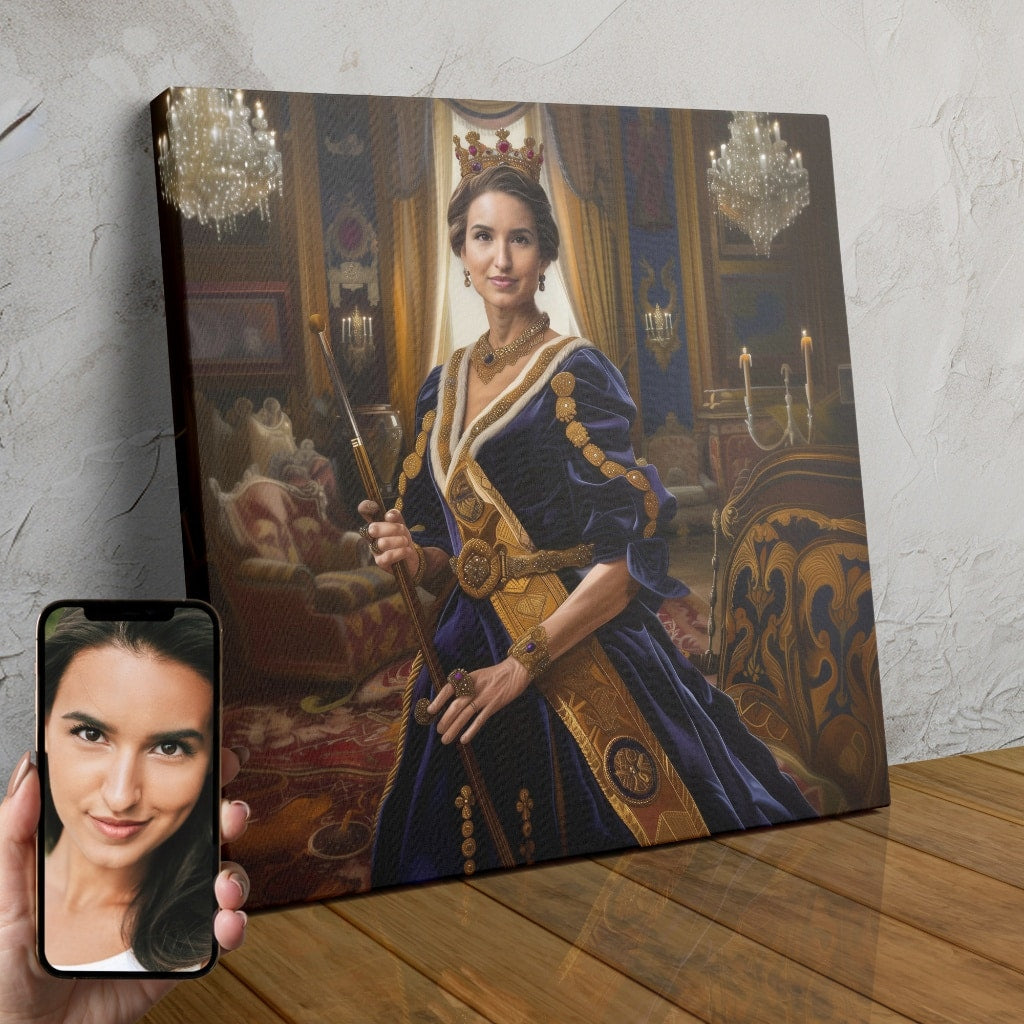 A personalized custom portrait depicting a woman in a golden and blue royal gown, seated on a throne in an ornate palace setting.