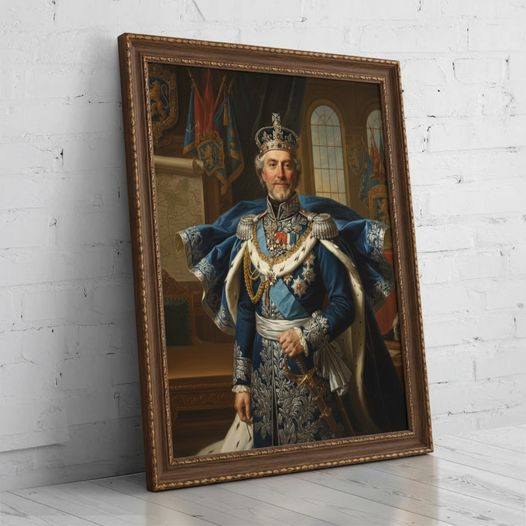 A custom portrait of a man in a gold-embroidered royal uniform, depicting him as Golden Ruler of royal heritage.
