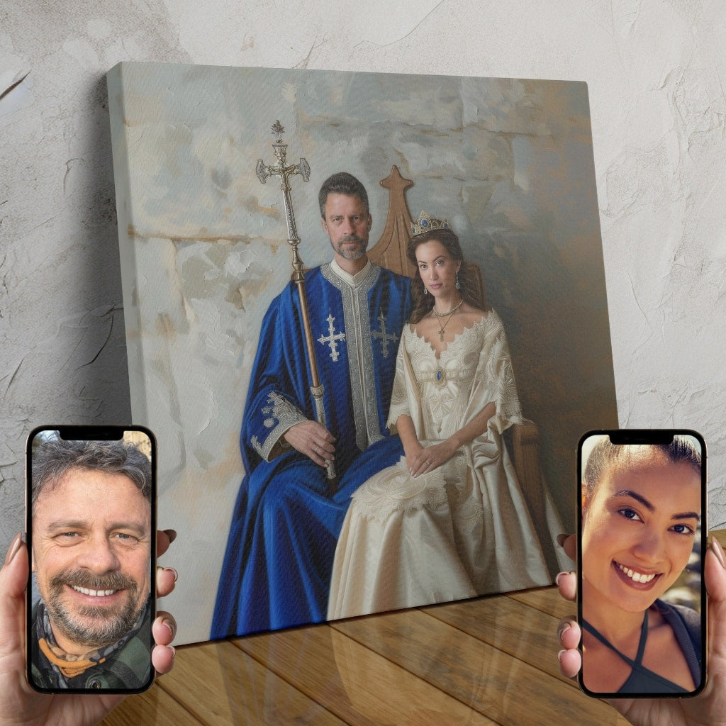 A custom digital portrait of a couple dressed as a medieval king and queen, with ornate crowns and regal attire.