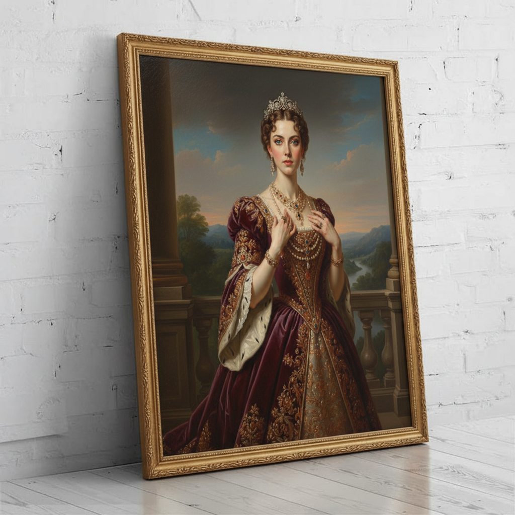 A digitally rendered portrait of a woman dressed in an elegant, regal gown and crown, created as Grand Warrior using AI technology.