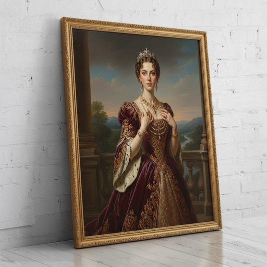 A digitally rendered portrait of a woman dressed in an elegant, regal gown and crown, created as Grand Warrior using AI technology.