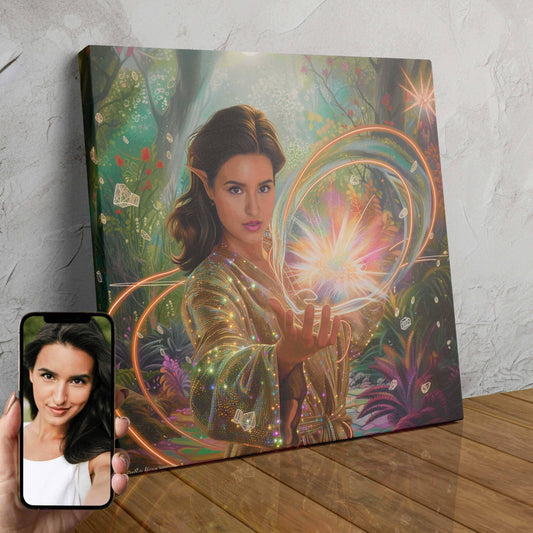 A custom digital portrait of a woman in a green, leafy superhero costume standing in a lush forest.