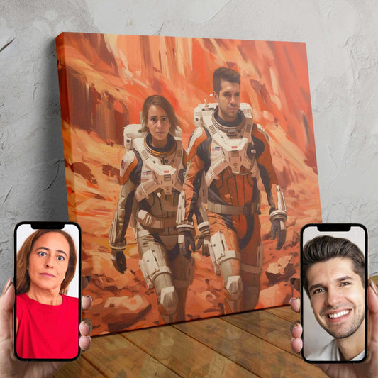 Two people wearing astronaut suits posing in front of a cosmic nebula background, custom AI-created portrait.