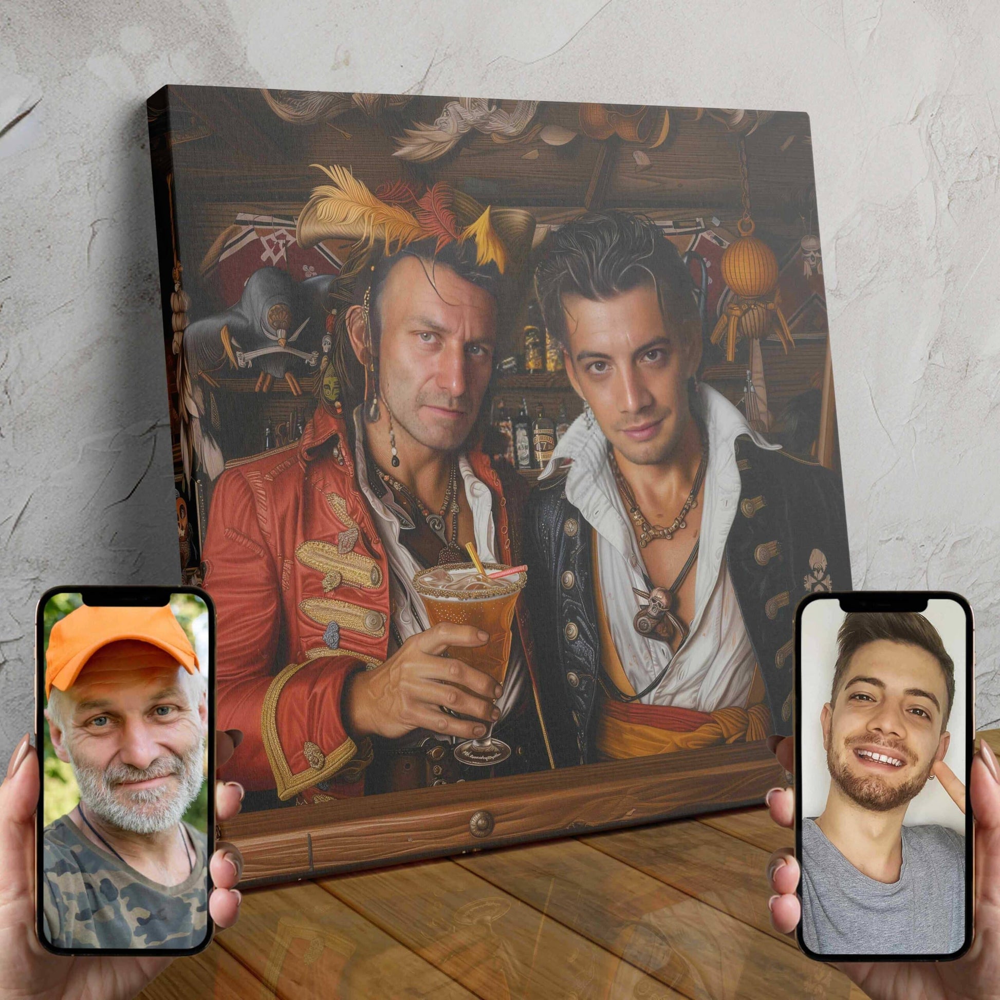 Two pirates, a hawk and a raptor, depicted in a dramatic, adventurous custom portrait.