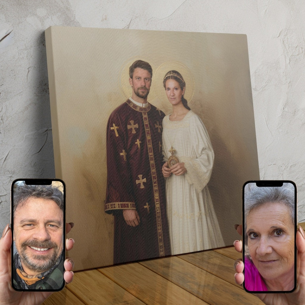 A custom digital portrait of a regal couple dressed in ornate medieval attire, created using AI technology.