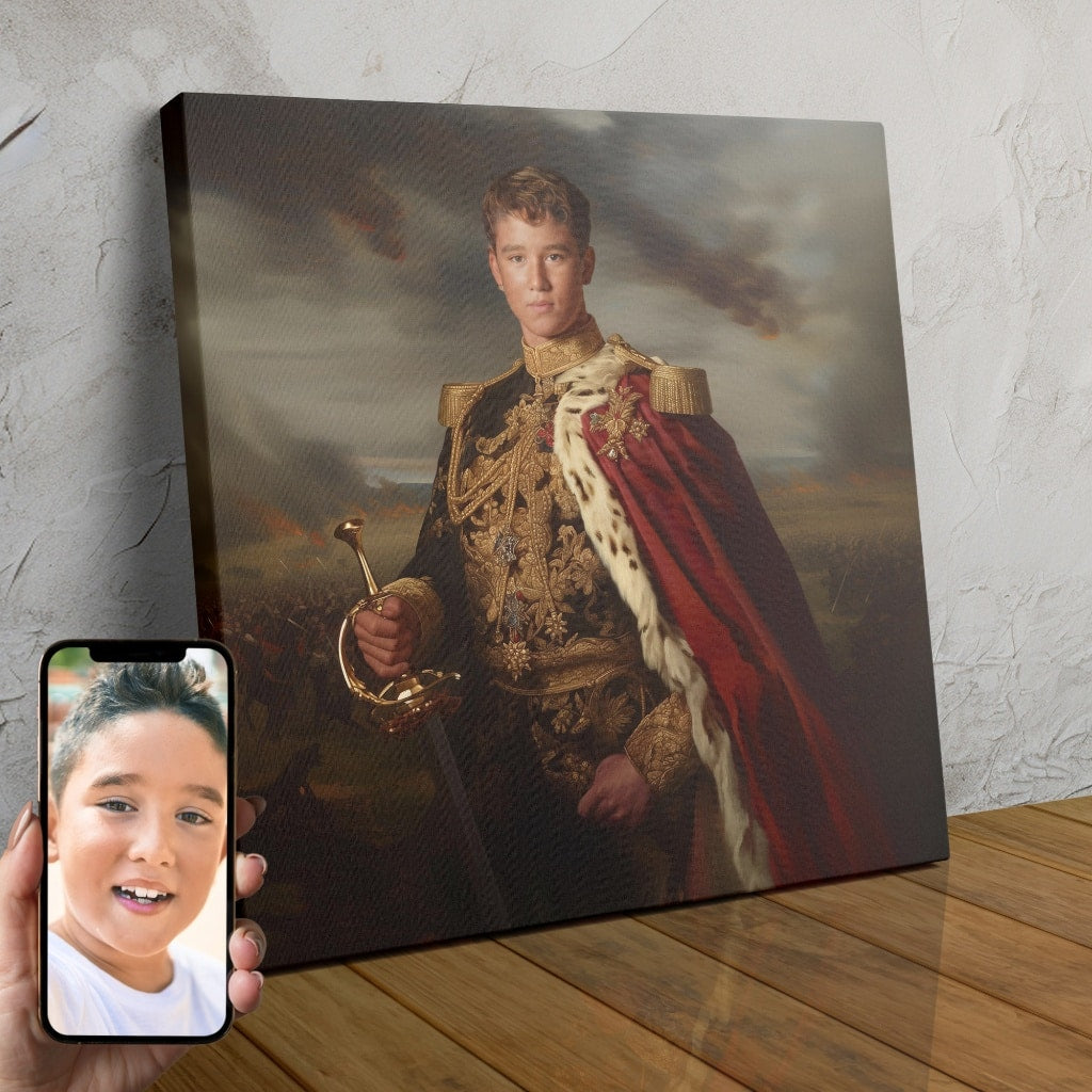 A custom portrait of a man in a gold-embroidered military uniform, depicting him as an "Honorable Warrior" of royal heritage.