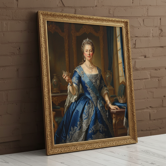 A digitally rendered portrait of a woman dressed in an elegant, regal gown and crown, created as Honored Baroness using AI technology.