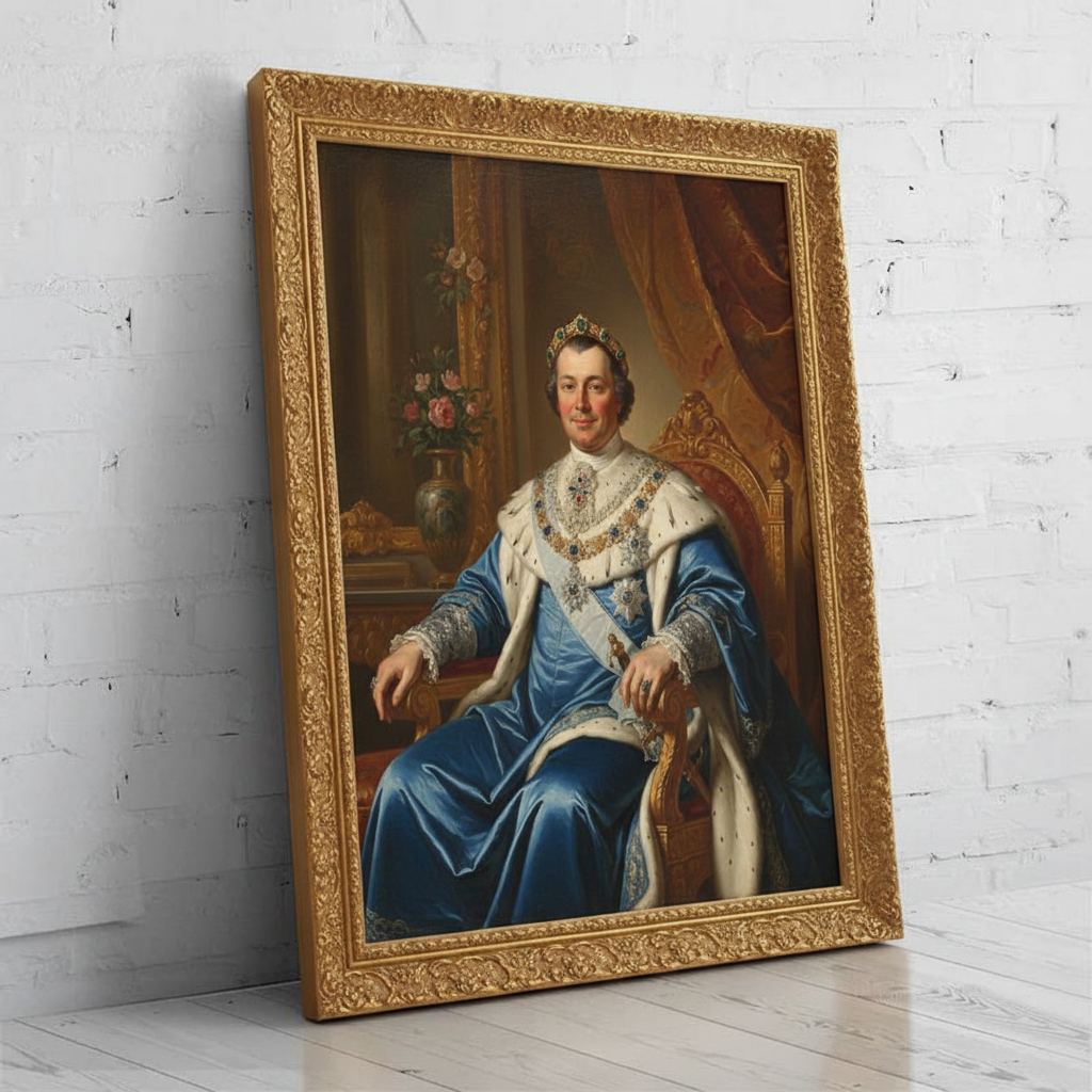 A custom portrait of a man in a gold-embroidered royal uniform, depicting him as Honored Commander of royal heritage.