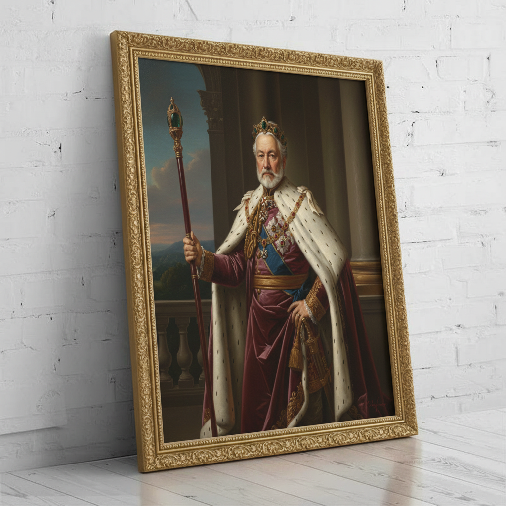 A custom portrait of a man in a gold-embroidered royal uniform, depicting him as Honored Warrior of royal heritage.