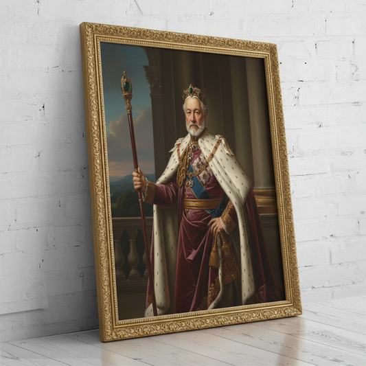 A custom portrait of a man in a gold-embroidered royal uniform, depicting him as Honored Warrior of royal heritage.