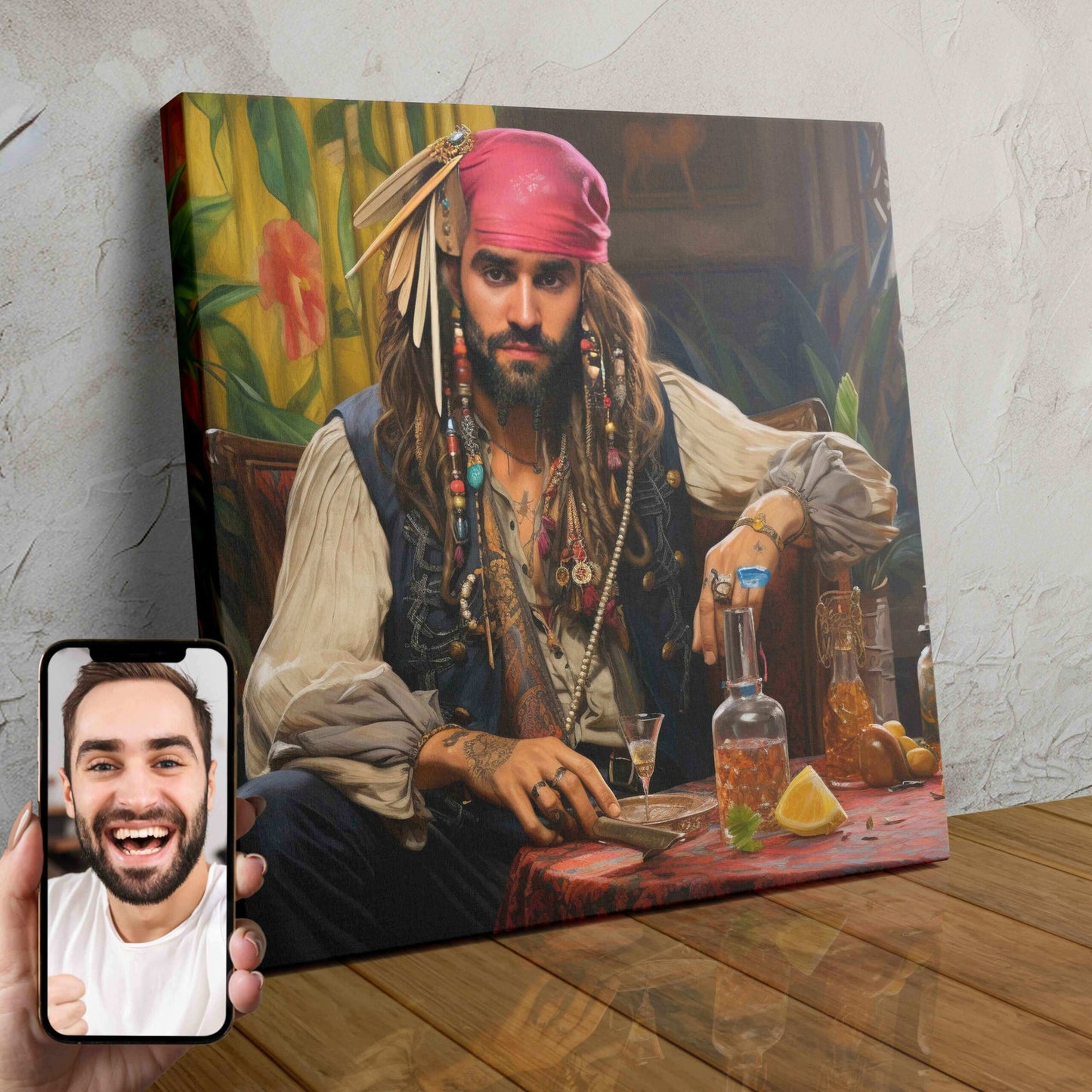 A custom portrait of a man dressed as a pirate, with a hooked hand and a rugged, adventurous expression.