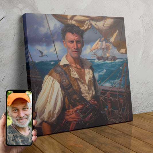 A custom portrait of a distinguished-looking pirate captain, with a tricorn hat, regal coat, and a confident expression.