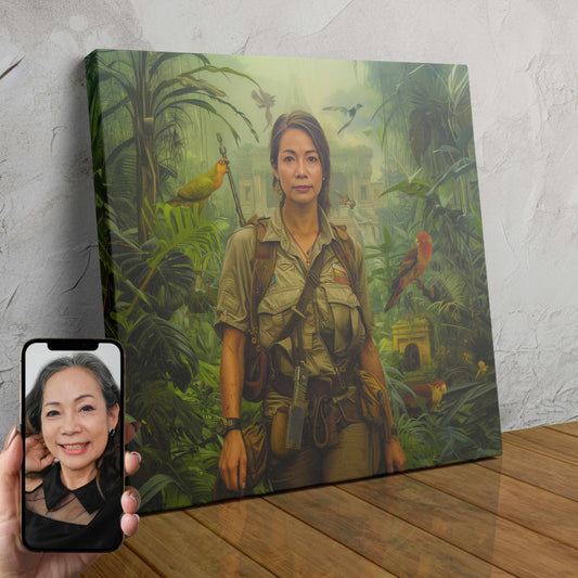 A custom digital portrait of a woman dressed as an explorer in a lush, jungle setting.