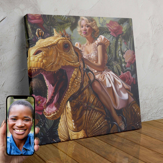 A custom digital portrait of a woman dressed as a jungle princess riding a golden T-Rex through a lush, tropical landscape.