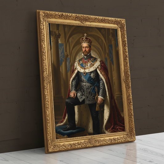 A custom portrait of a man in a gold-embroidered royal uniform, depicting him as Just Monarch of royal heritage.