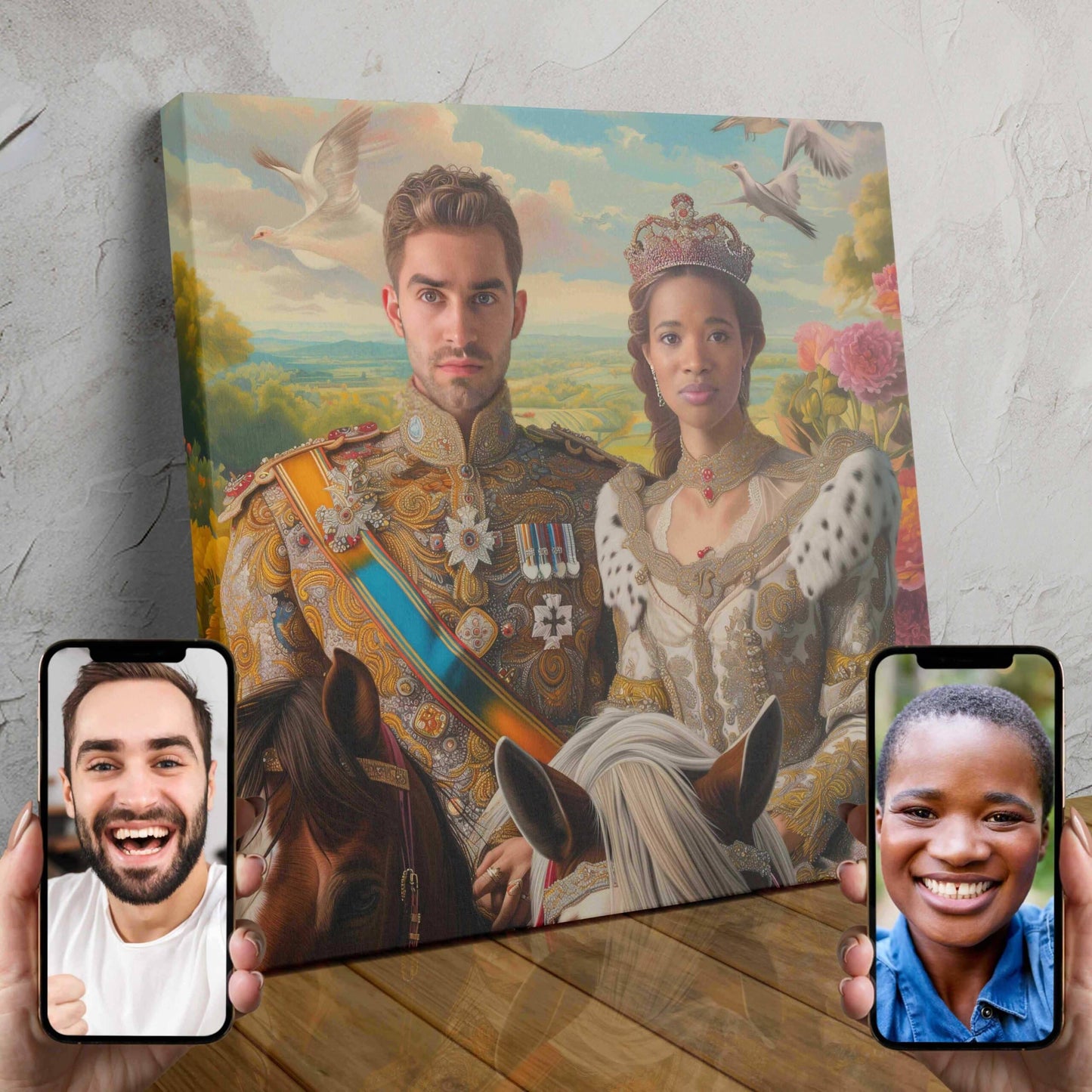 A custom AI-powered portrait of a couple dressed as a king and queen, standing in a field of golden wheat or barley.