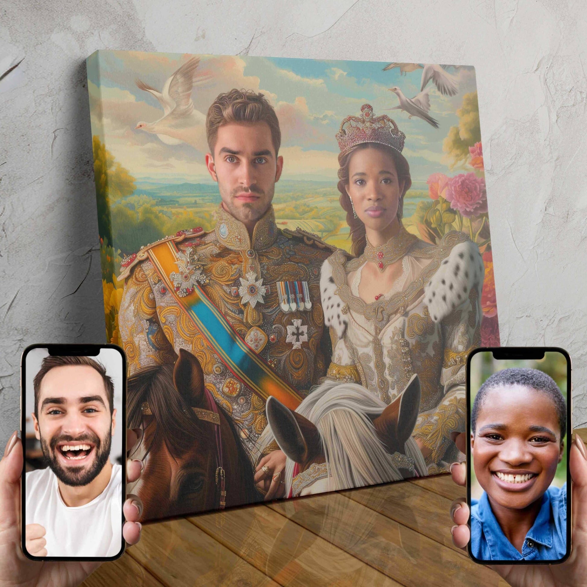 A custom AI-powered portrait of a couple dressed as a king and queen, standing in a field of golden wheat or barley.