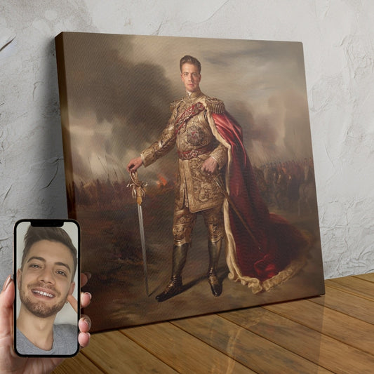 A digital painting of a man in a gold-embroidered royal outfit, holding a sword and scepter, with a crown on his head.