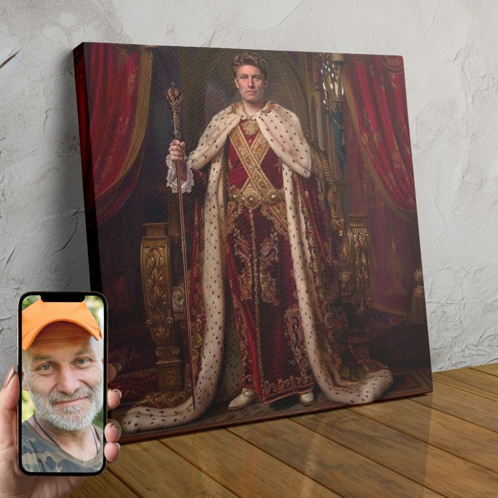 A regal-looking man wearing an ornate crown, posing in a majestic royal-themed custom portrait.