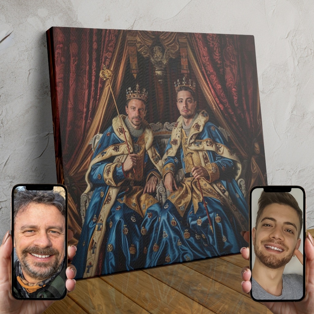 Two people dressed in elegant medieval-style clothing, posing as a royal couple in a custom digital portrait.