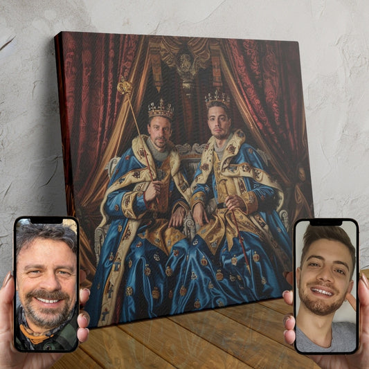 Two people dressed in elegant medieval-style clothing, posing as a royal couple in a custom digital portrait.