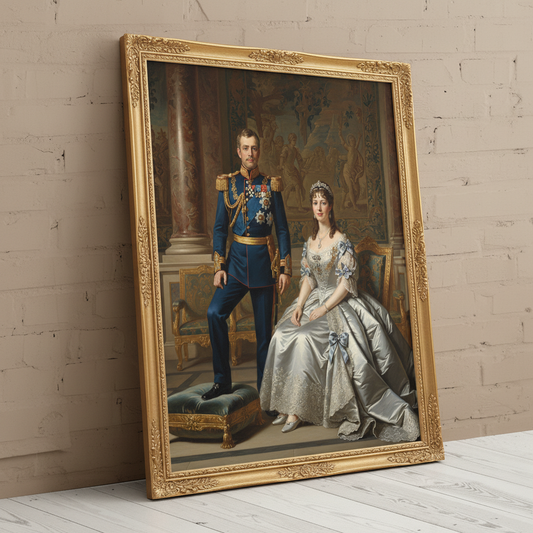 A custom portrait of a man in a gold-embroidered royal uniform, depicting him as Legendary Sacred Sisterhood of royal heritage.