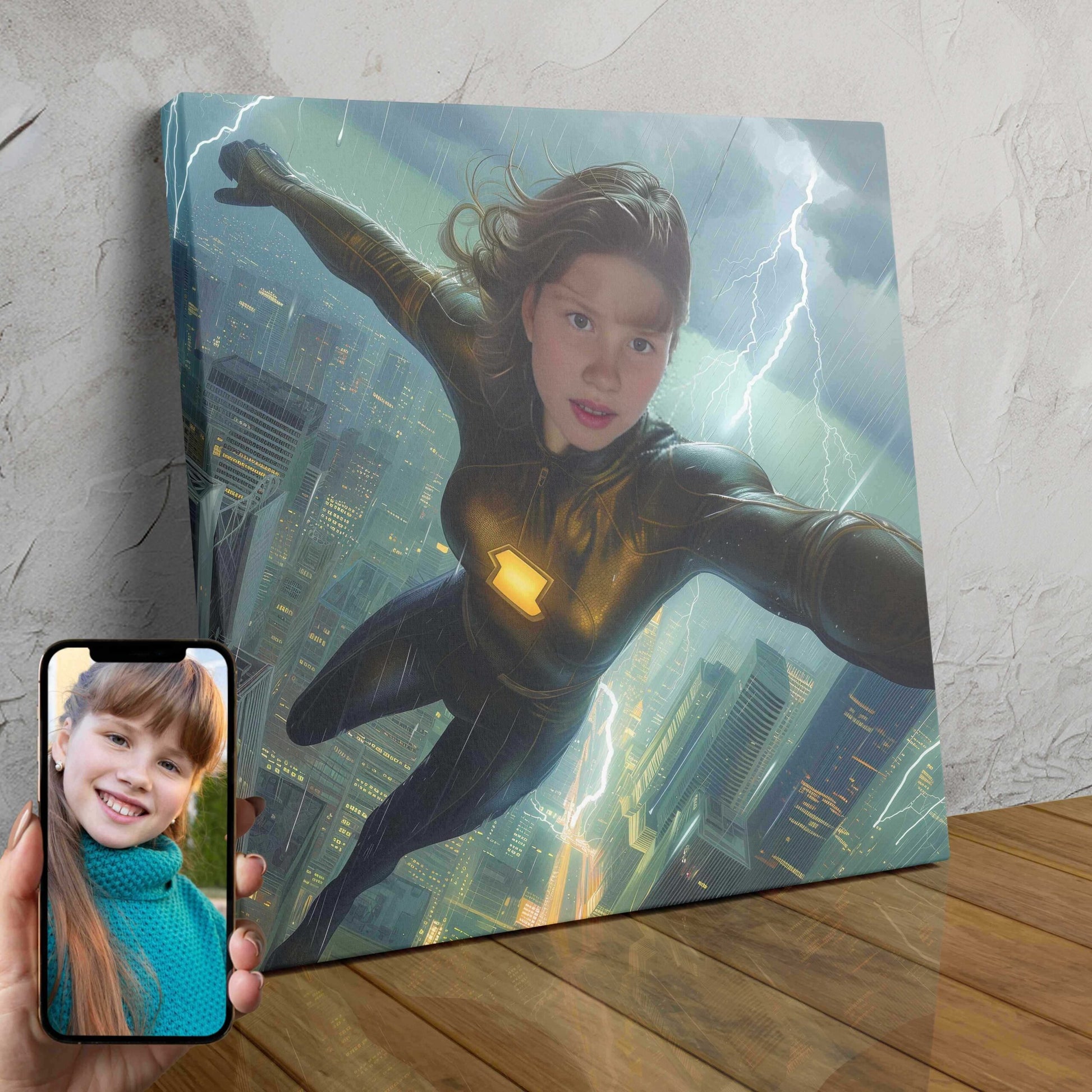 A custom superhero portrait depicting a woman in a lightning-themed costume, soaring through the sky with a determined expression.