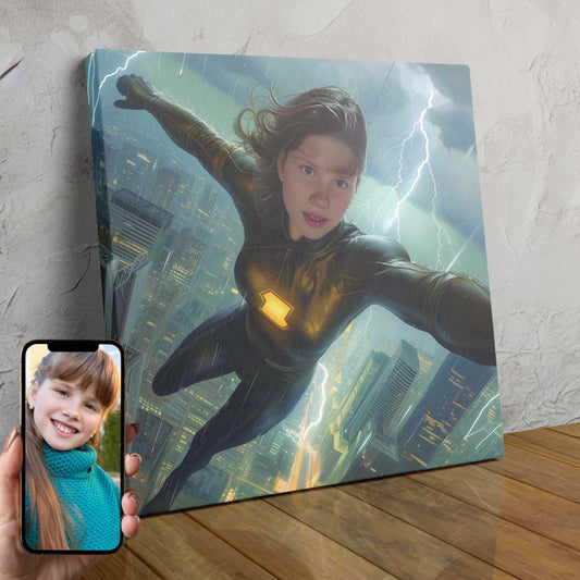 A custom superhero portrait depicting a woman in a lightning-themed costume, soaring through the sky with a determined expression.