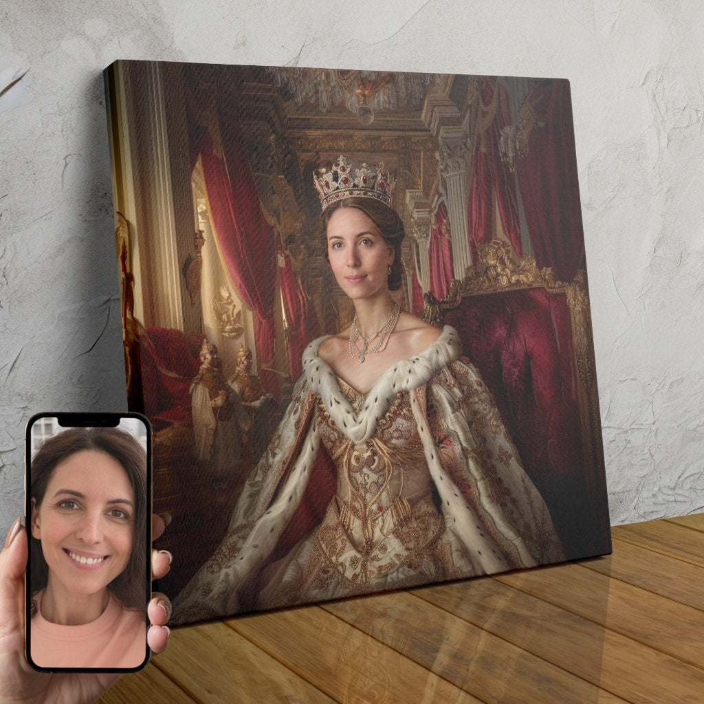 A personalized custom portrait of a woman dressed in a regal gown and crown, created using AI technology.
