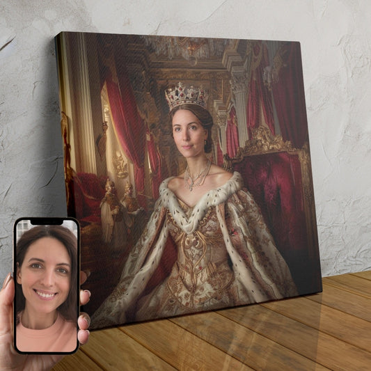 A personalized custom portrait of a woman dressed in a regal gown and crown, created using AI technology.