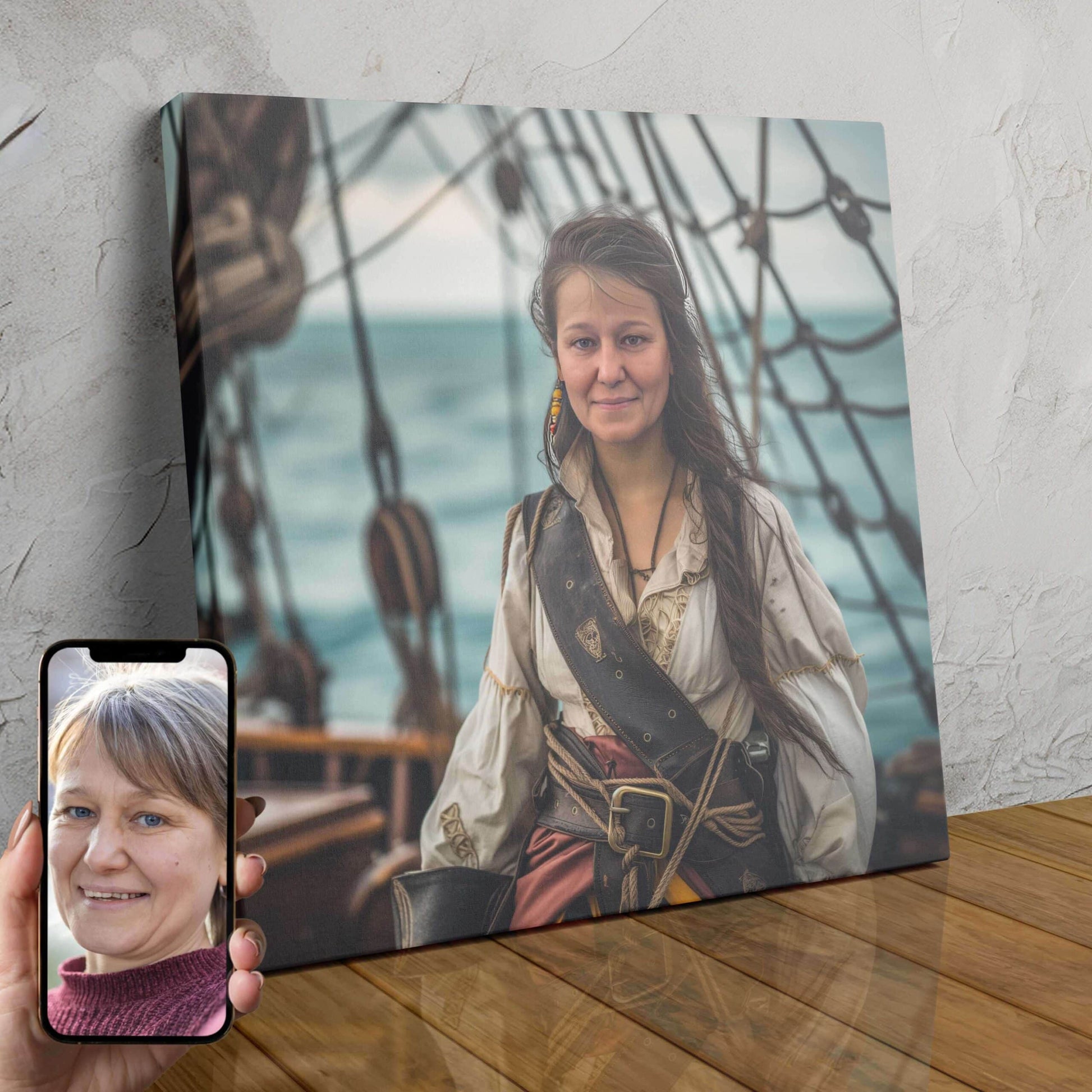 A custom digital portrait of a woman dressed as a pirate, with long dark hair, a pirate hat, and a fierce expression. The portrait is personalized with the name "Luna Nightshade".