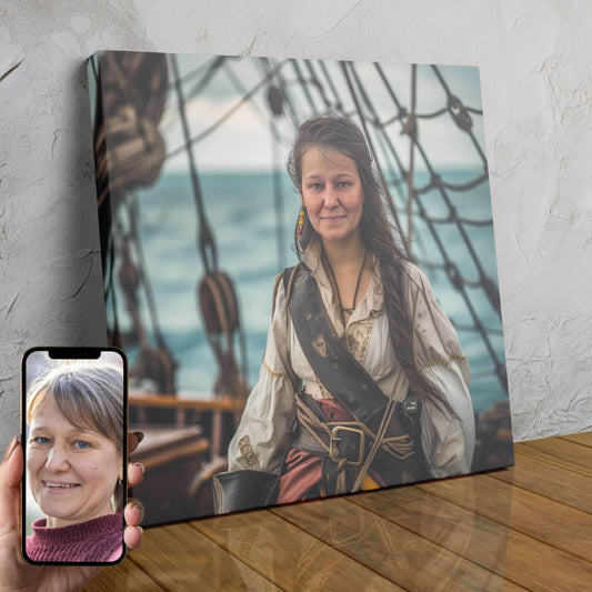 A custom digital portrait of a woman dressed as a pirate, with long dark hair, a pirate hat, and a fierce expression. The portrait is personalized with the name "Luna Nightshade".