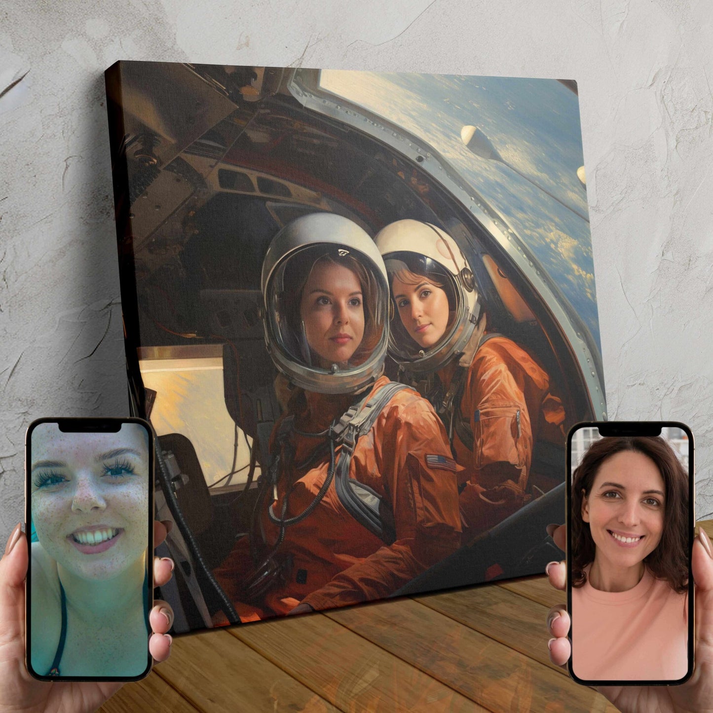 Two astronauts, a man and a woman, float in space against a backdrop of stars and planets in a custom AI-generated portrait.